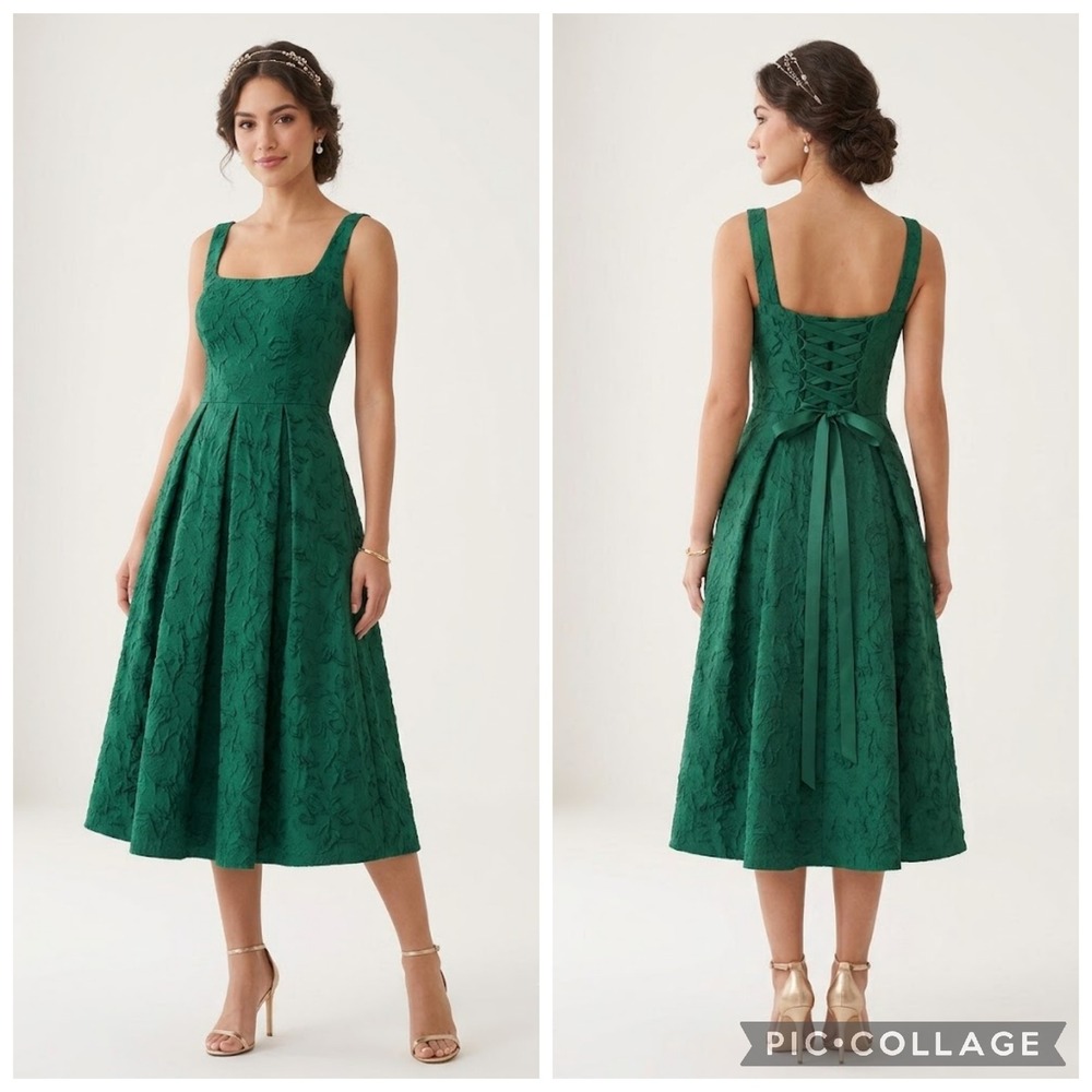Formal Dress Emerald Green 6 Midi Lace Up Back 3D Floral Fil Coupe Wedding Guest